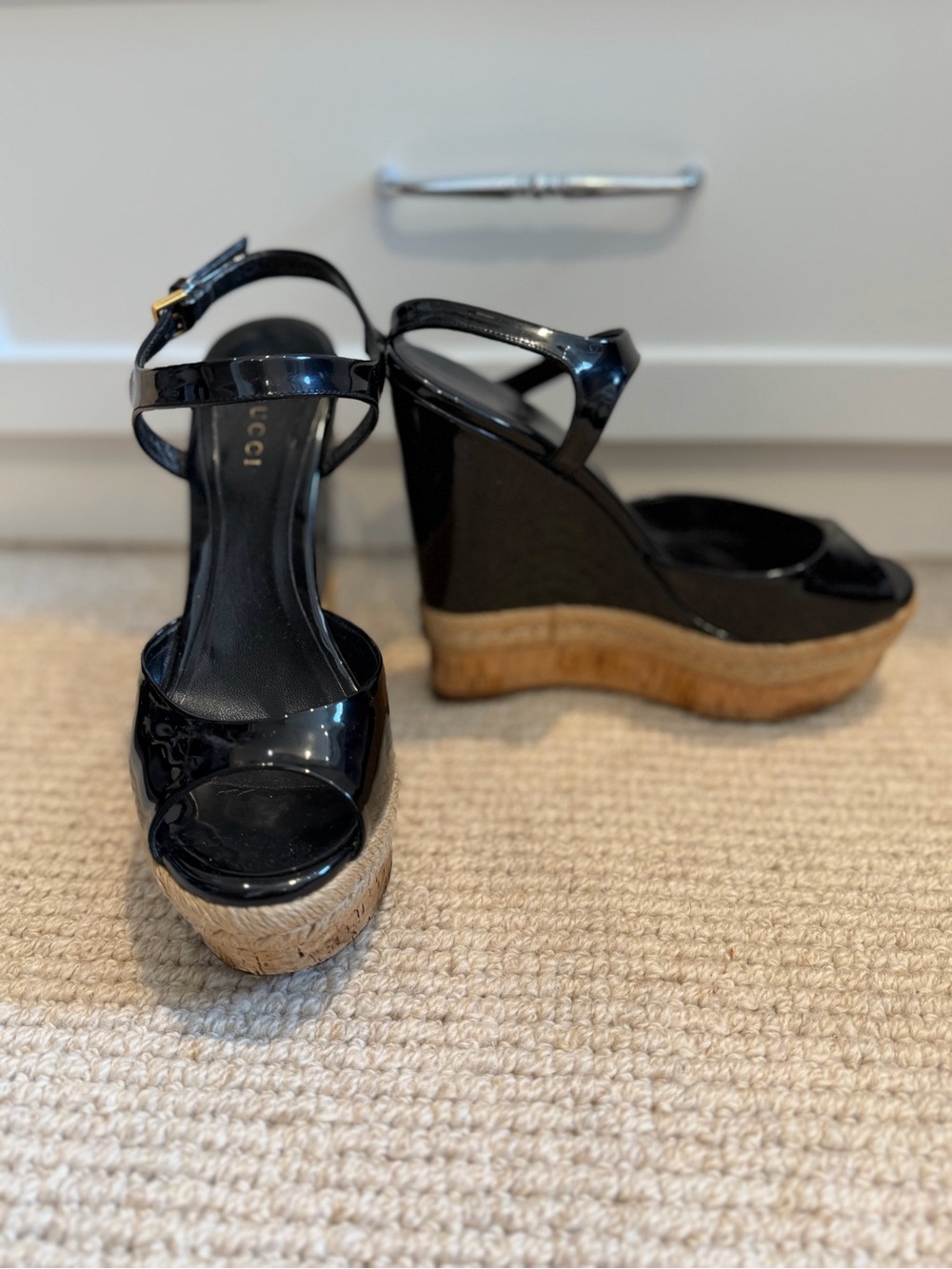 Gucci Black Patent Leather Wedge Espadrille with Cork Platform - Picture 6 of 7